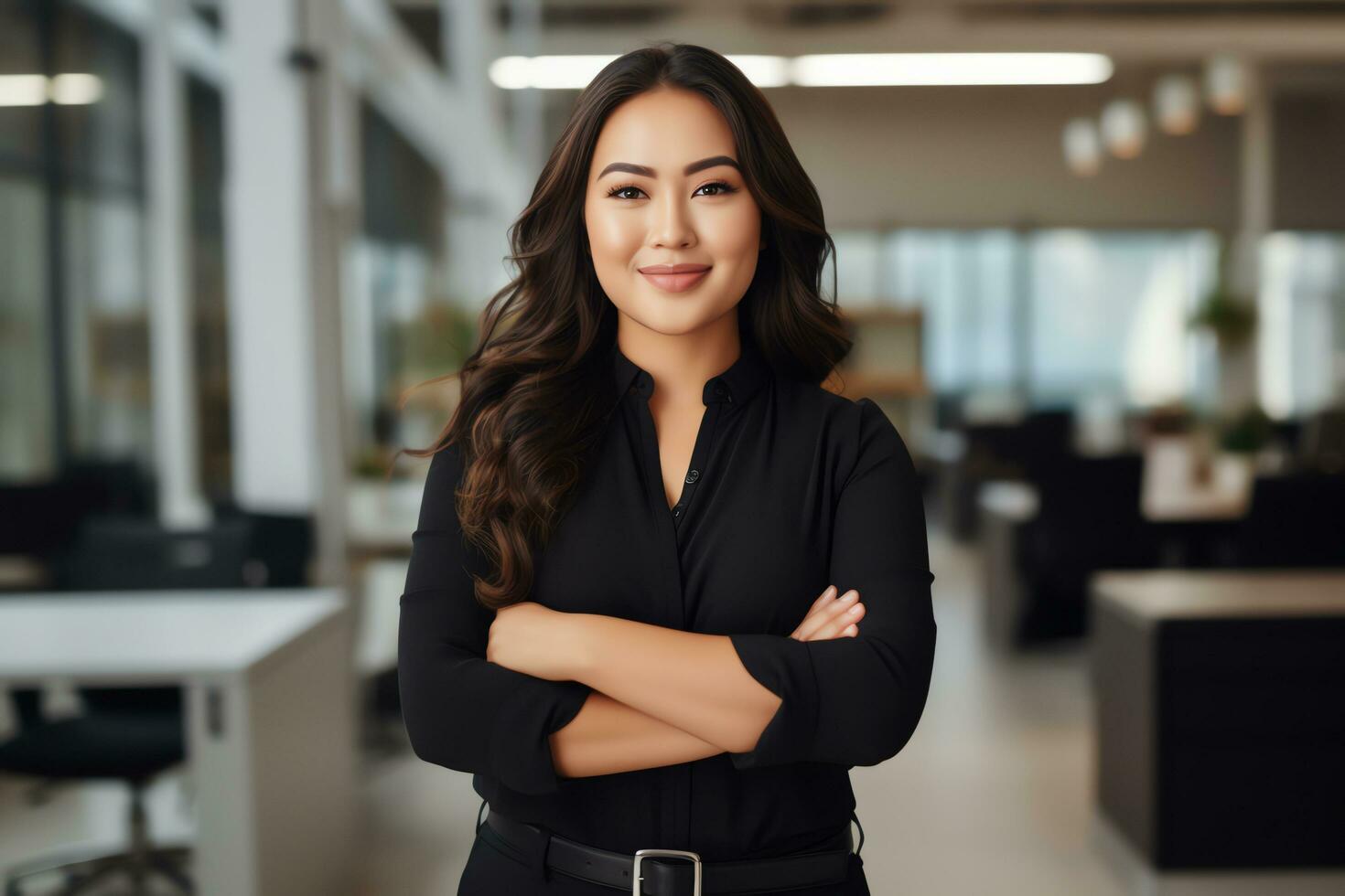 Attractive asian businesswoman CEO confident and staning front of modern office,AI Generated photo