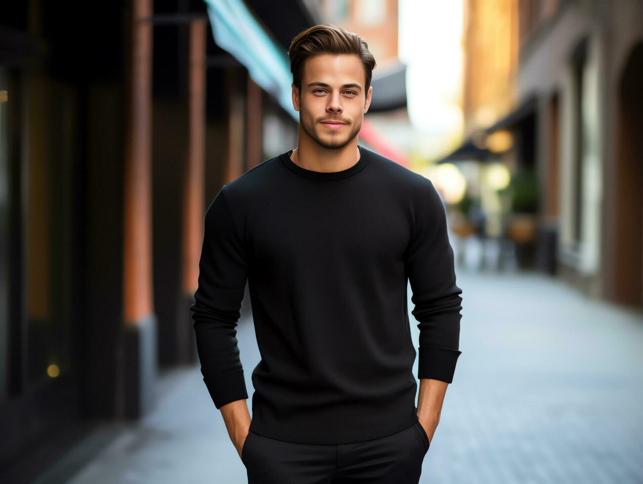 Attractive young man wearing blank empty black t-shirt long sleeves mockup for design template,AI Generated photo