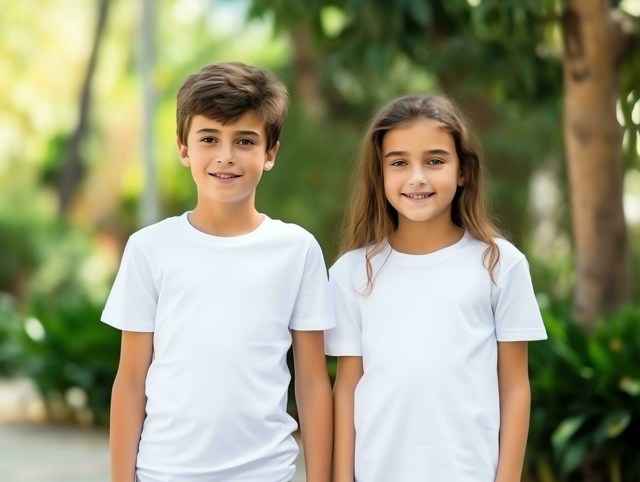 Cute sibling or friend, boy and girl wearing blank empty white tshirt mockup for design template,AI Generated photo