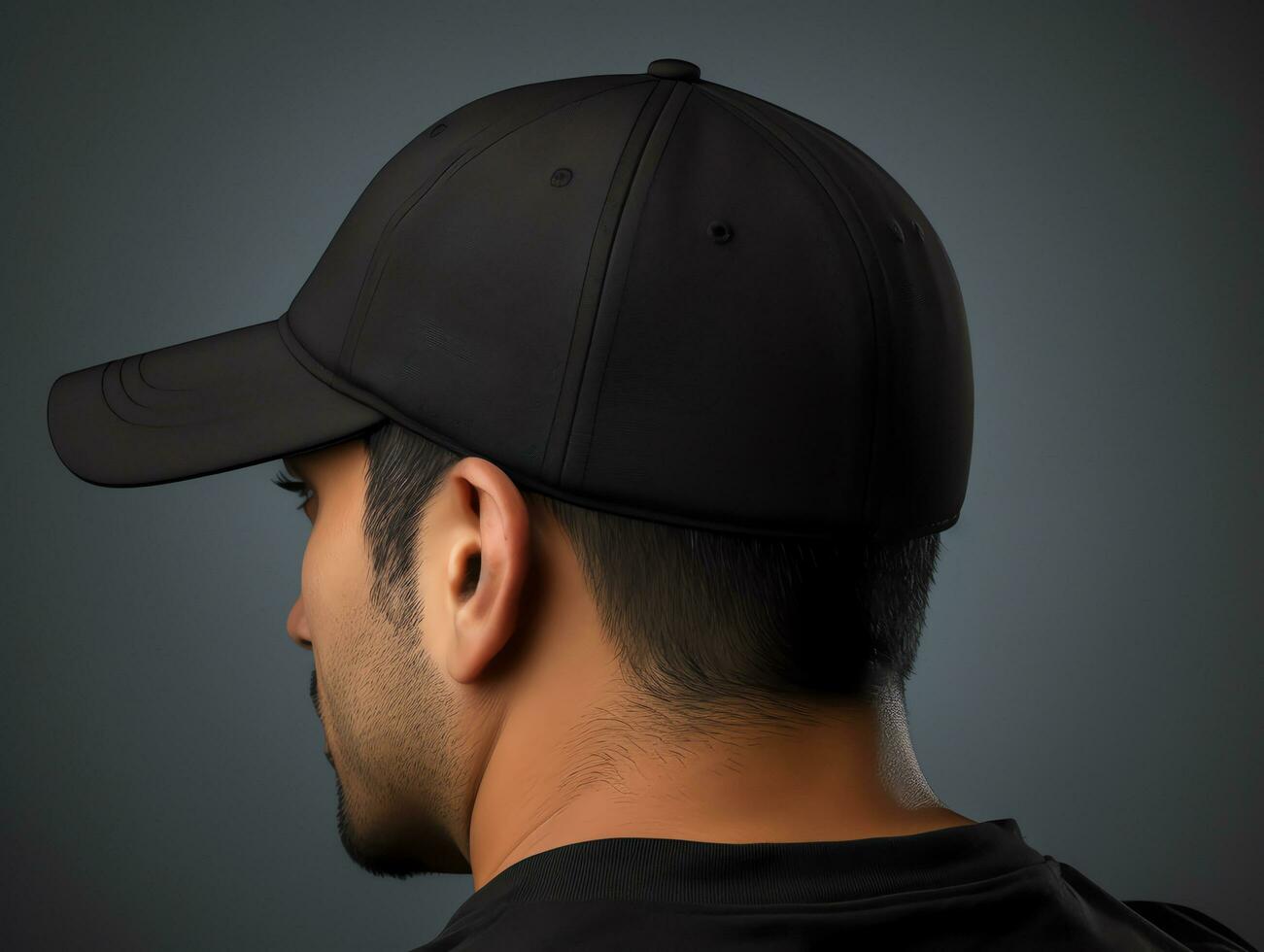 A man wearing blank empty black cap mockup for design template photo