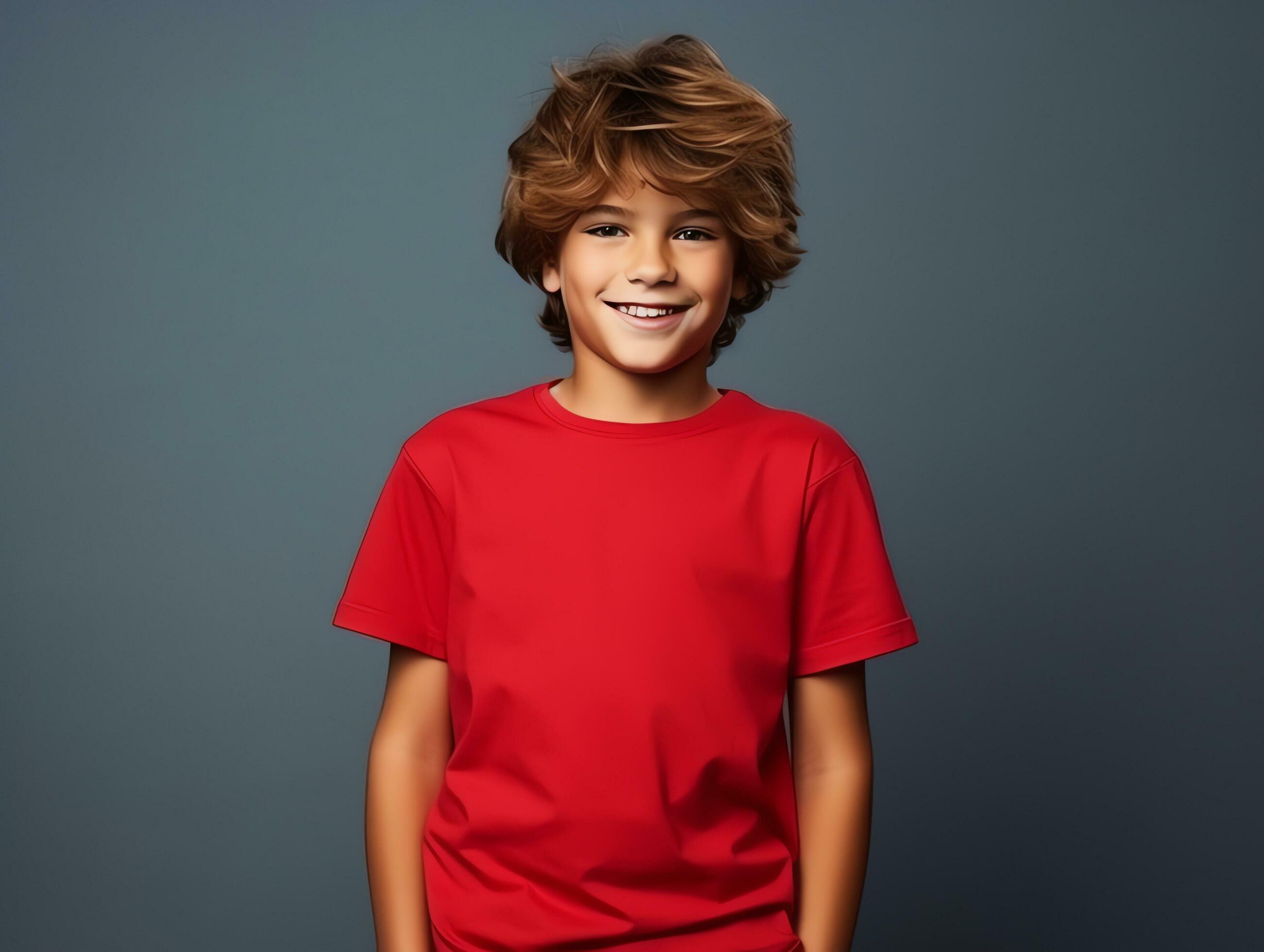 Cute boy wearing blank empty red t-shirt mockup for design template,AI ...