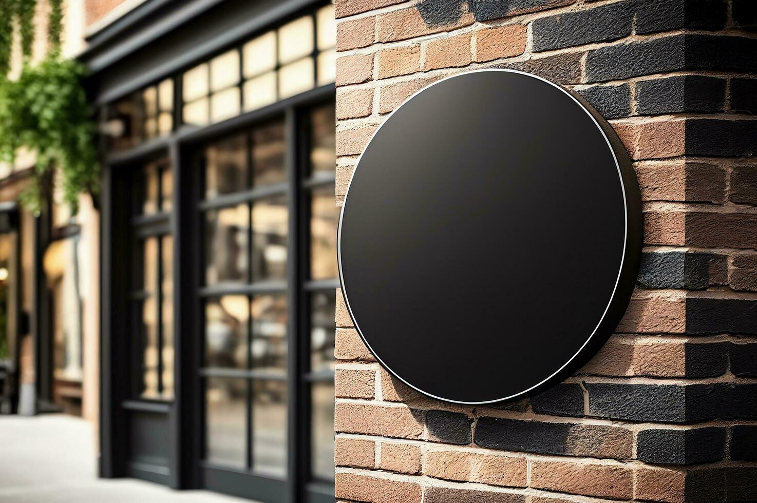 Black blank round circle signboard mock up street store or company on wall, billboard template,AI Generated photo
