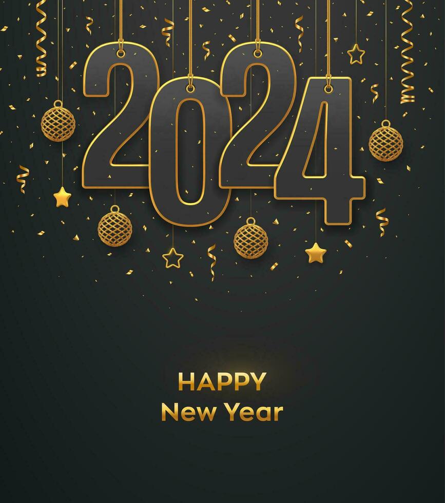 Happy New 2024 Year. Hanging on gold ropes numbers 2024 with shining 3D metallic stars, balls and confetti on black background. New Year greeting card, banner template. Realistic Vector illustration.