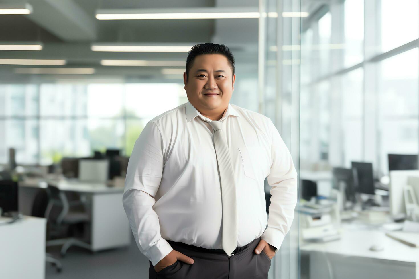 Plus size manager asian businessman CEO confident and standing front of modern office,AI Generated photo