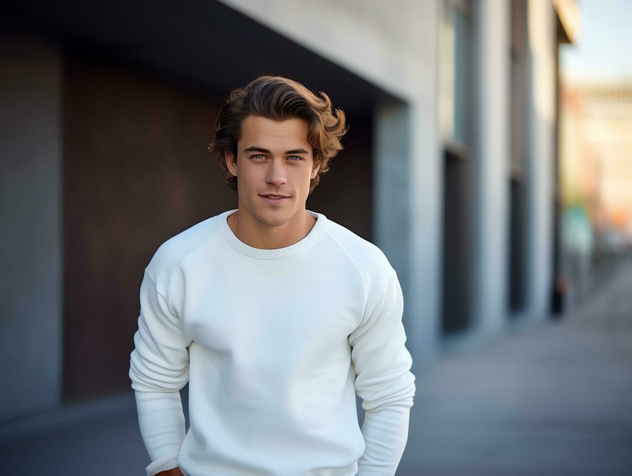 Young man wearing blank empty white t-shirt long sleeves sweater mockup for design template,AI Generated photo