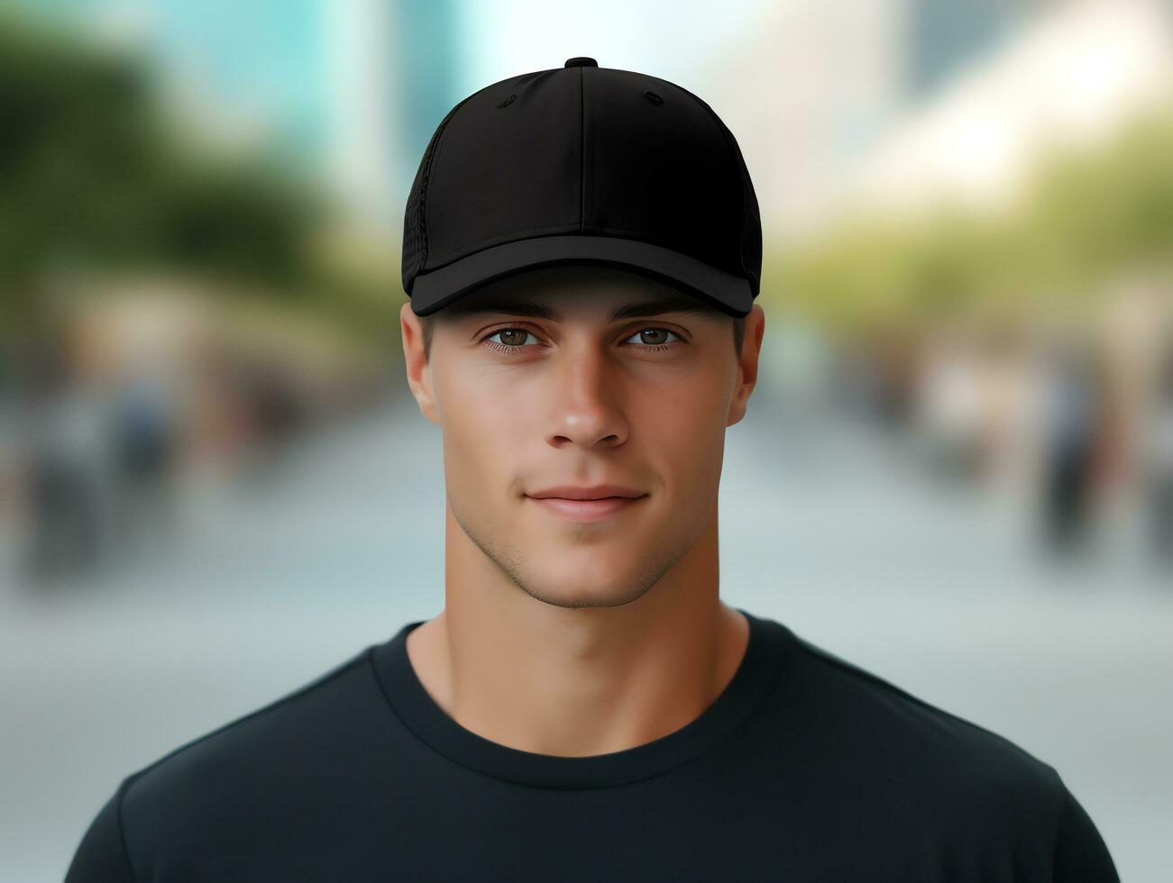 A man wearing blank empty black cap mockup for design template photo