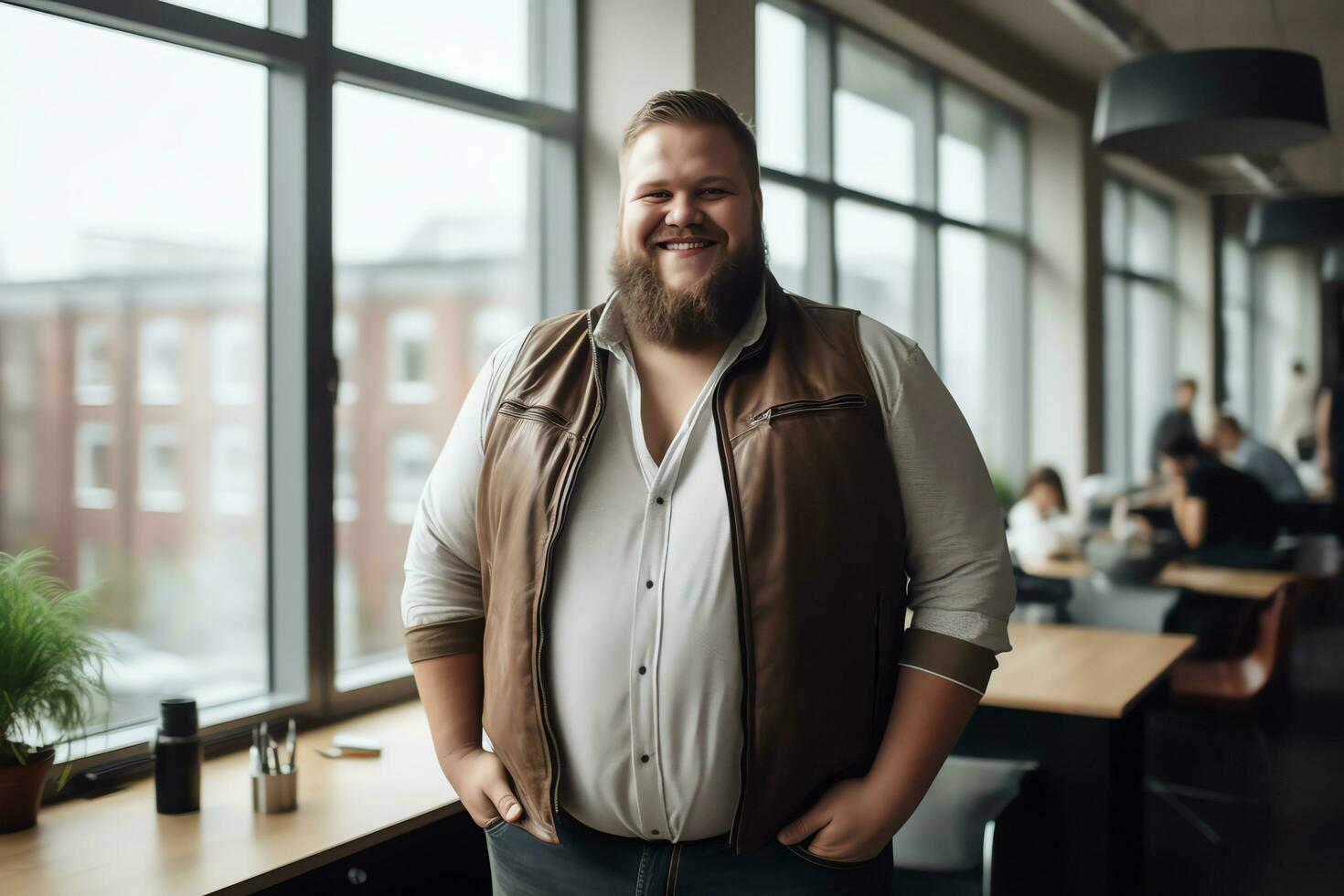 Plus size manager businessman CEO confident and standing front of modern office, AI Generated photo