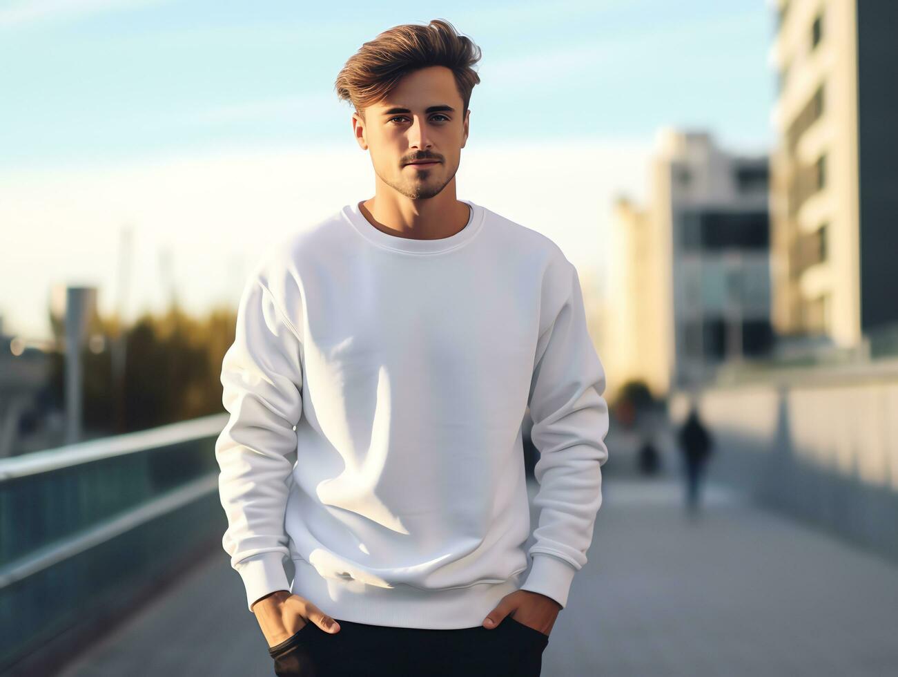 Young man wearing blank empty white t-shirt long sleeves sweater mockup for design template, AI Generated photo