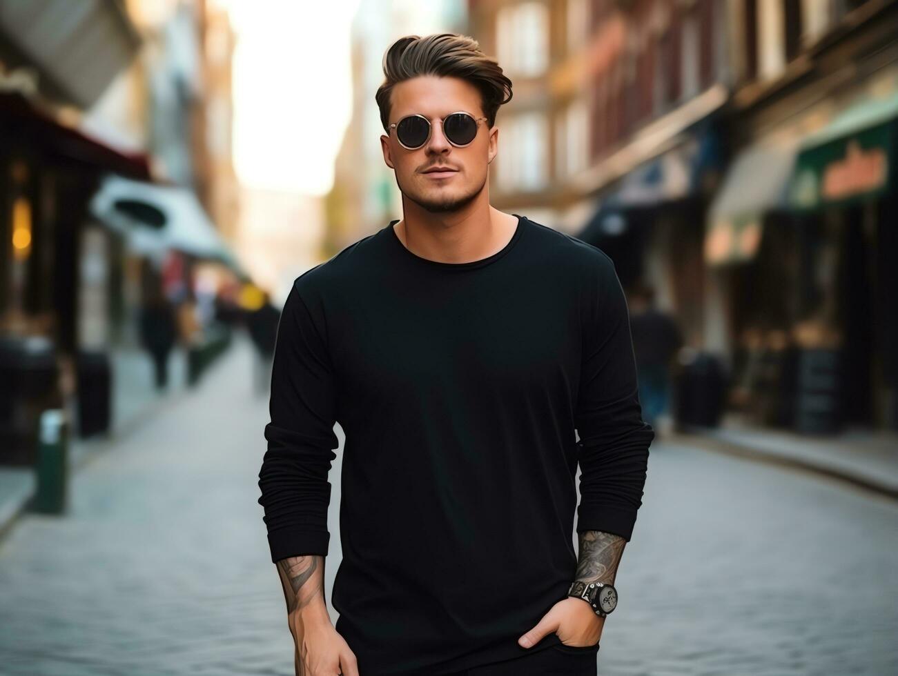 Attractive young man wearing blank empty black t-shirt long sleeves mockup for design template, AI Generated photo