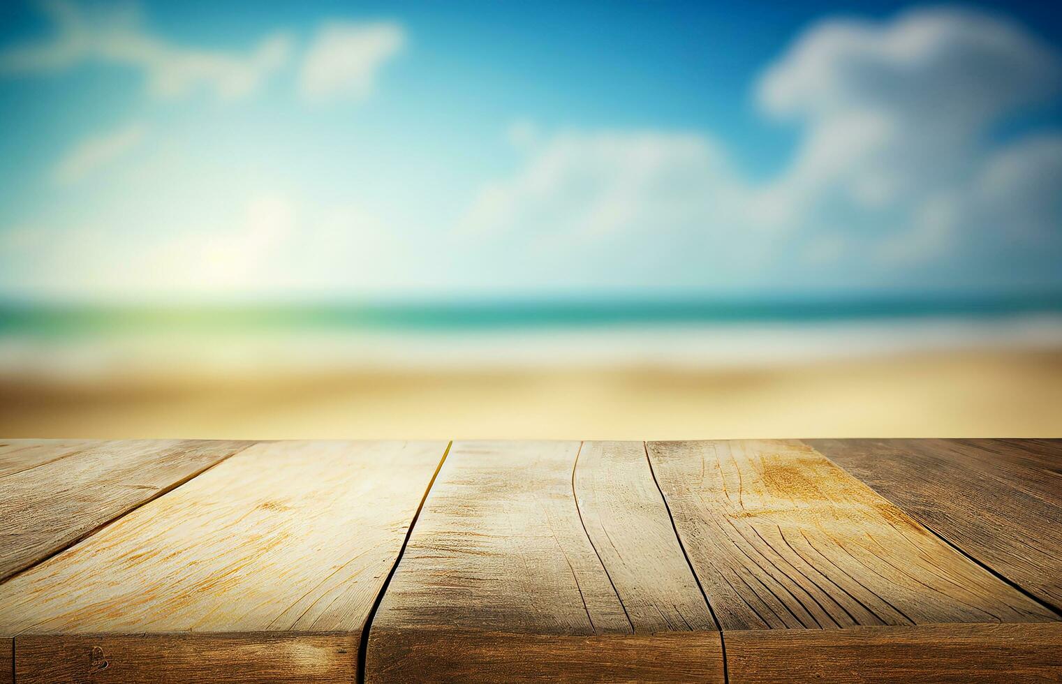 Abstract empty wooden desk tabletop with copy space over summer sand beach blurred background, display for product montage, AI Generated photo