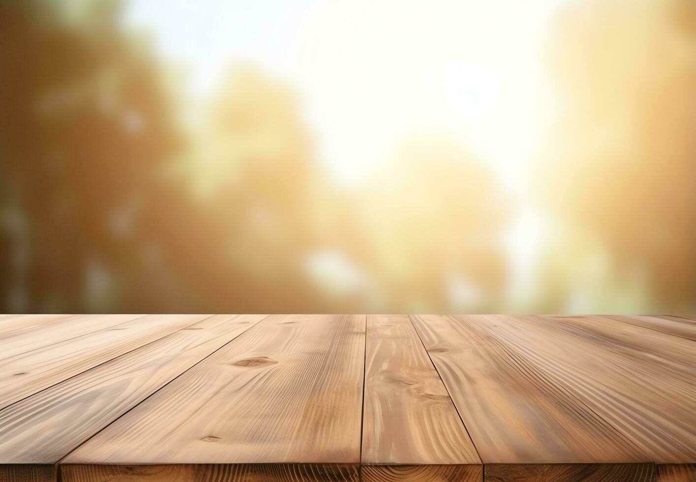 Abstract blank wooden tabletop over blurred green plant in garden background with morning sunlight, AI Generated photo