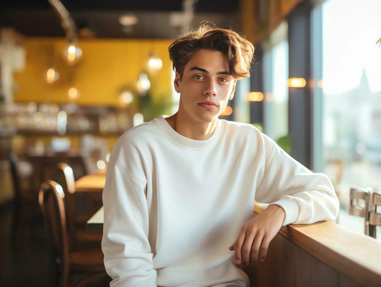 Young man wearing blank empty white t-shirt long sleeves sweater mockup for design template,AI Generated photo