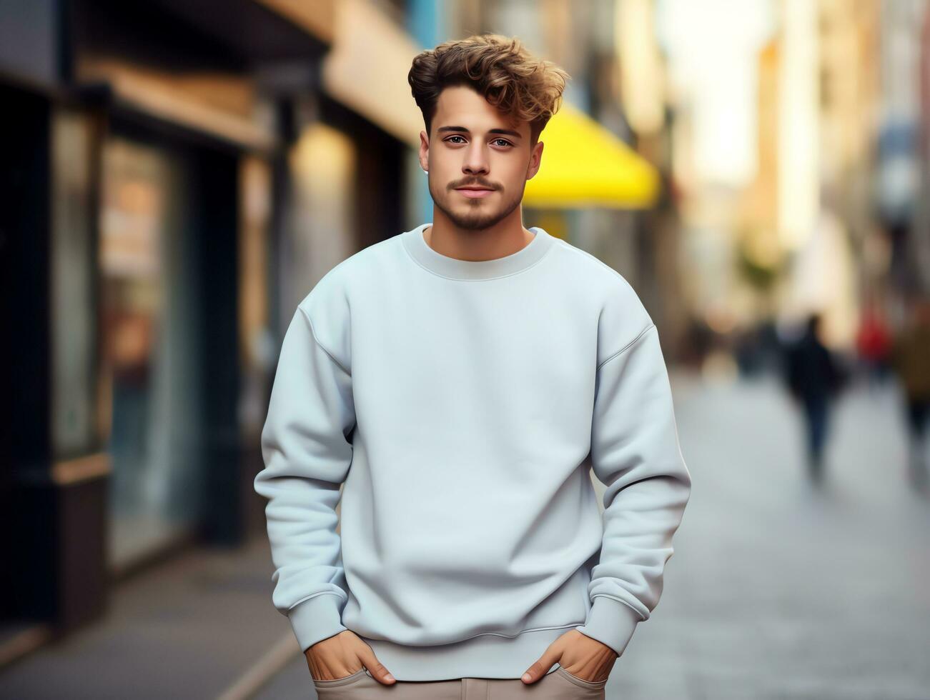 joven hombre vistiendo blanco vacío blanco camiseta largo mangas suéter Bosquejo para diseño plantilla, ai generado foto