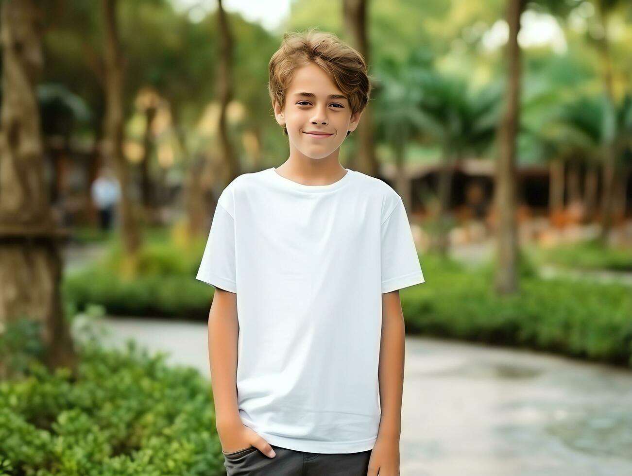 Cute boy wearing blank empty white t-shirt mockup for design template,AI Generated photo