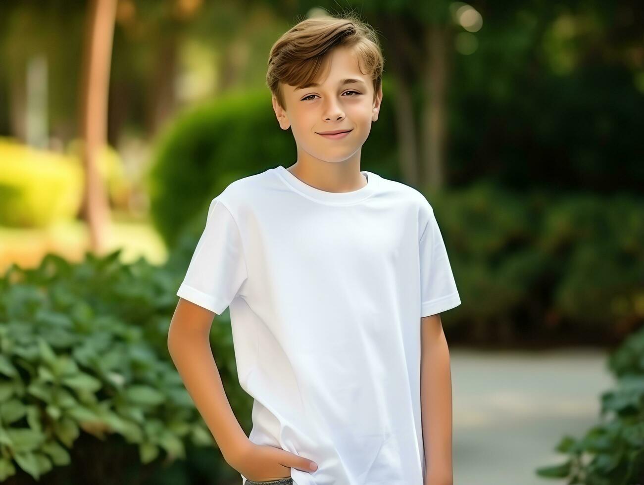 Cute boy wearing blank empty white t-shirt mockup for design template ...