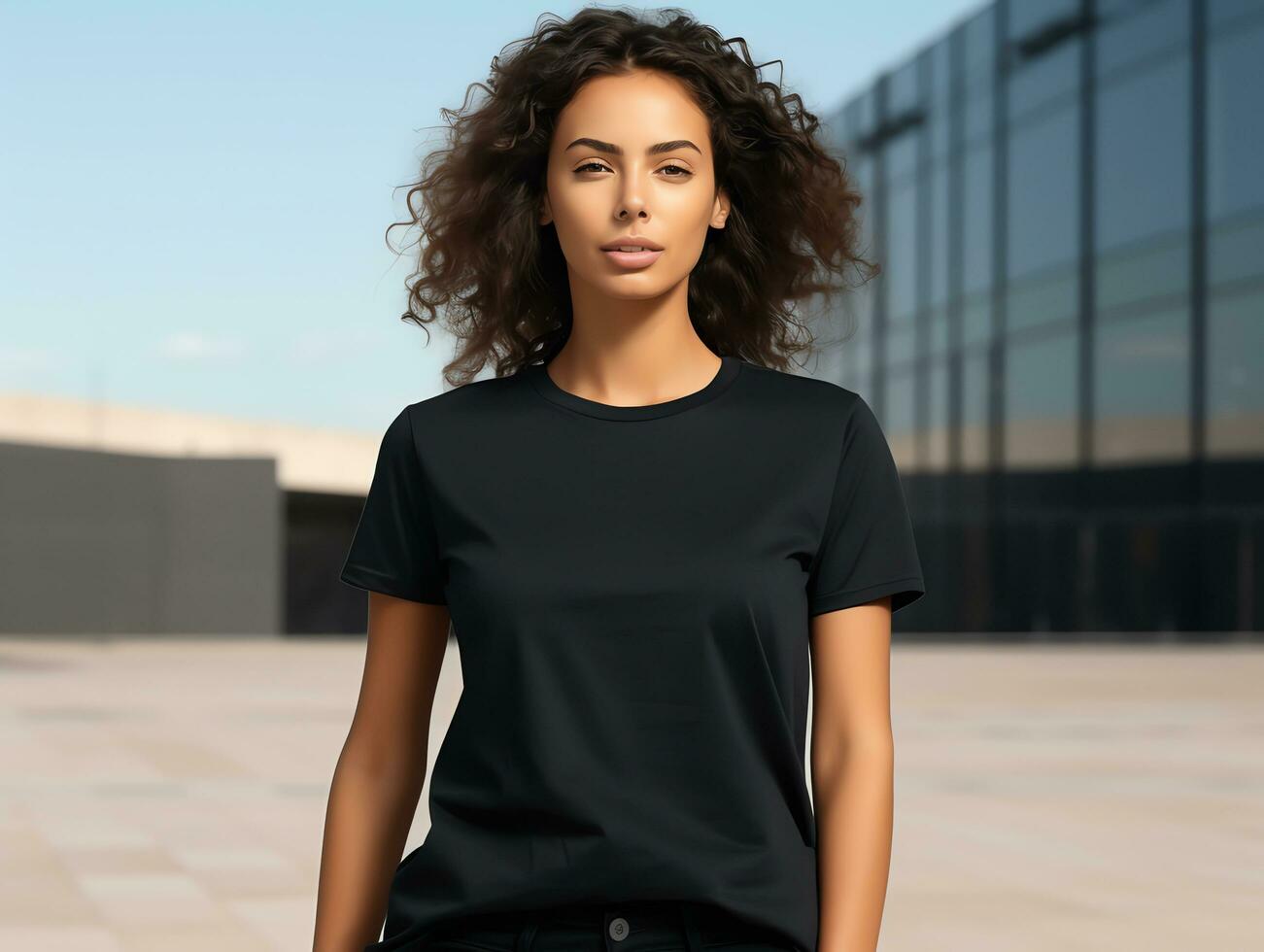 Attractive young woman wearing blank empty black tshirt mockup for design template, AI