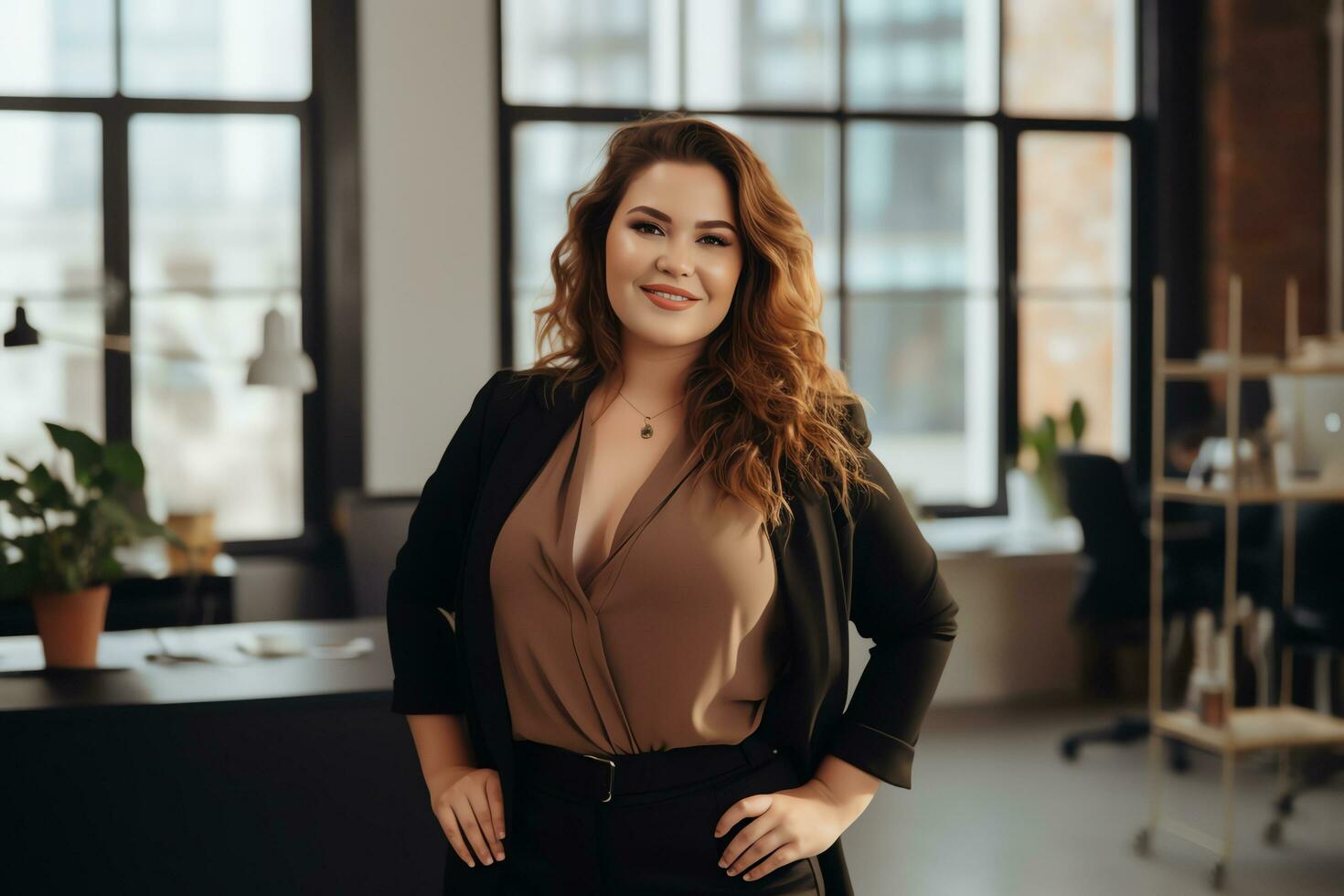 Plus size manager businesswoman CEO confident and standing front of modern office,AI Generated photo