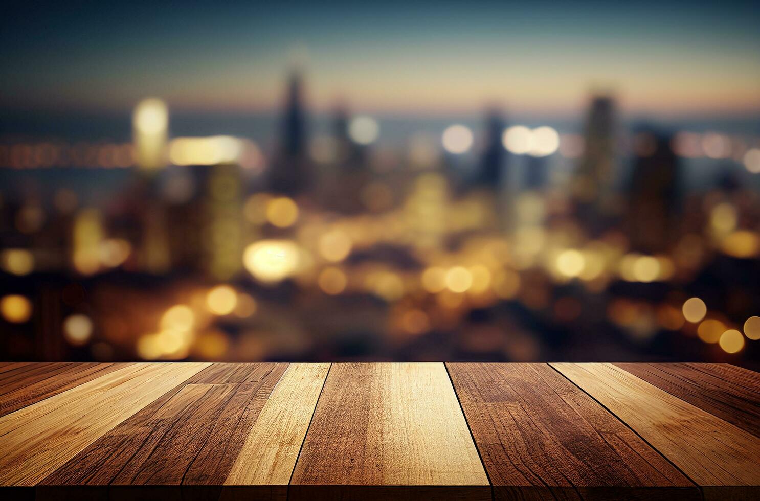 Blank empty wooden tabletop over blur city night view background, mock up and montage for product, AI Generated photo
