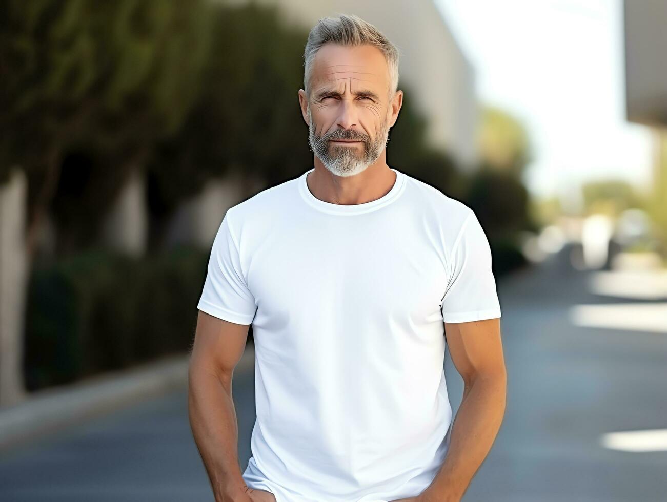 Healthy senior man wearing blank empty white t-shirt mockup for design template, AI Generated photo