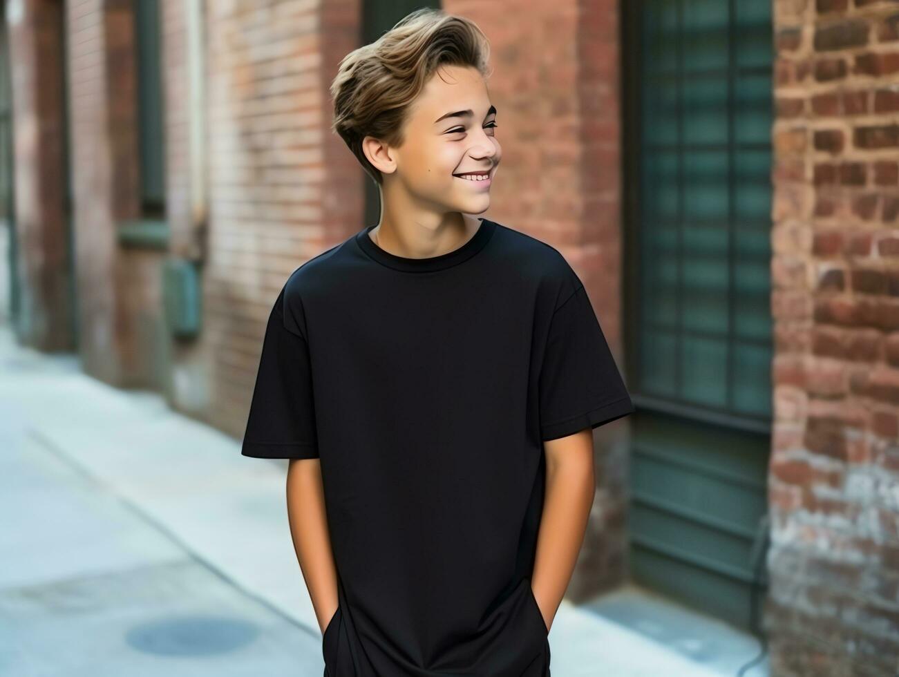 Cute teen boy wearing blank empty black t-shirt mockup for design template, AI Generated photo