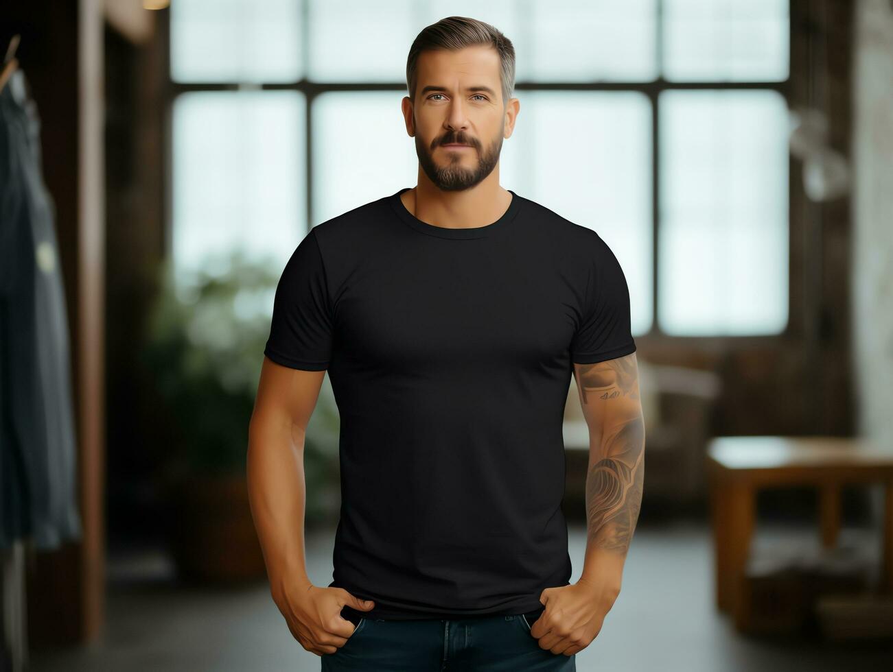 Attractive caucasian man wearing blank empty black tshirt mockup for design template, AI