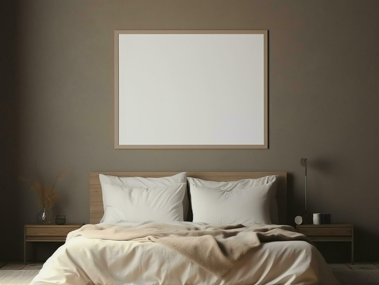 Modern cozy bedroom with blank empty photo frame on wall for decorative, AI Generated
