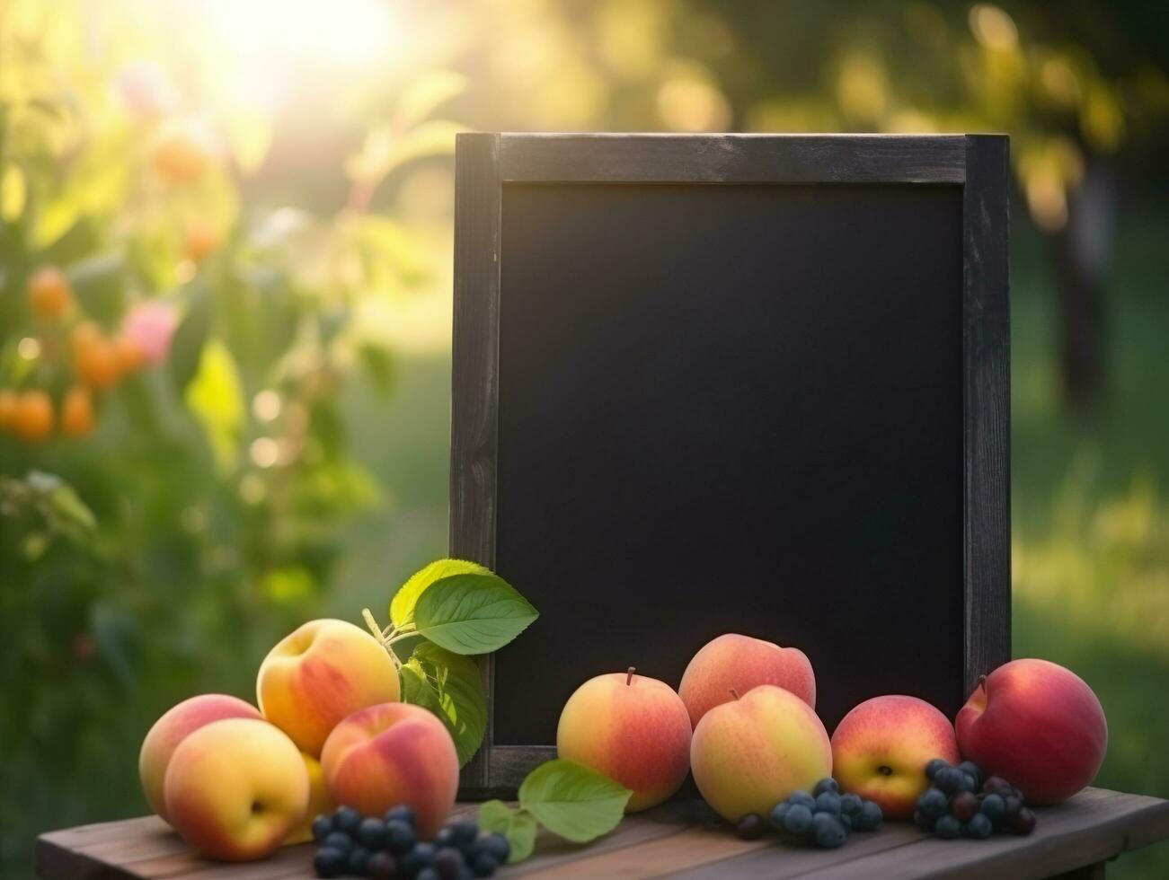 Blank blackboard mockup in organic fresh peaches gardening, agriculture and business farmer concept, AI Generated photo