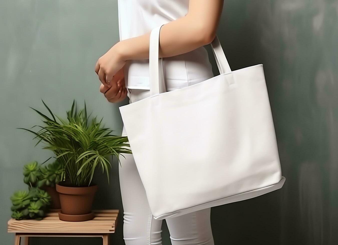 Woman holding blank empty canvas bag for shopping, eco friendly concept,AI Generated photo