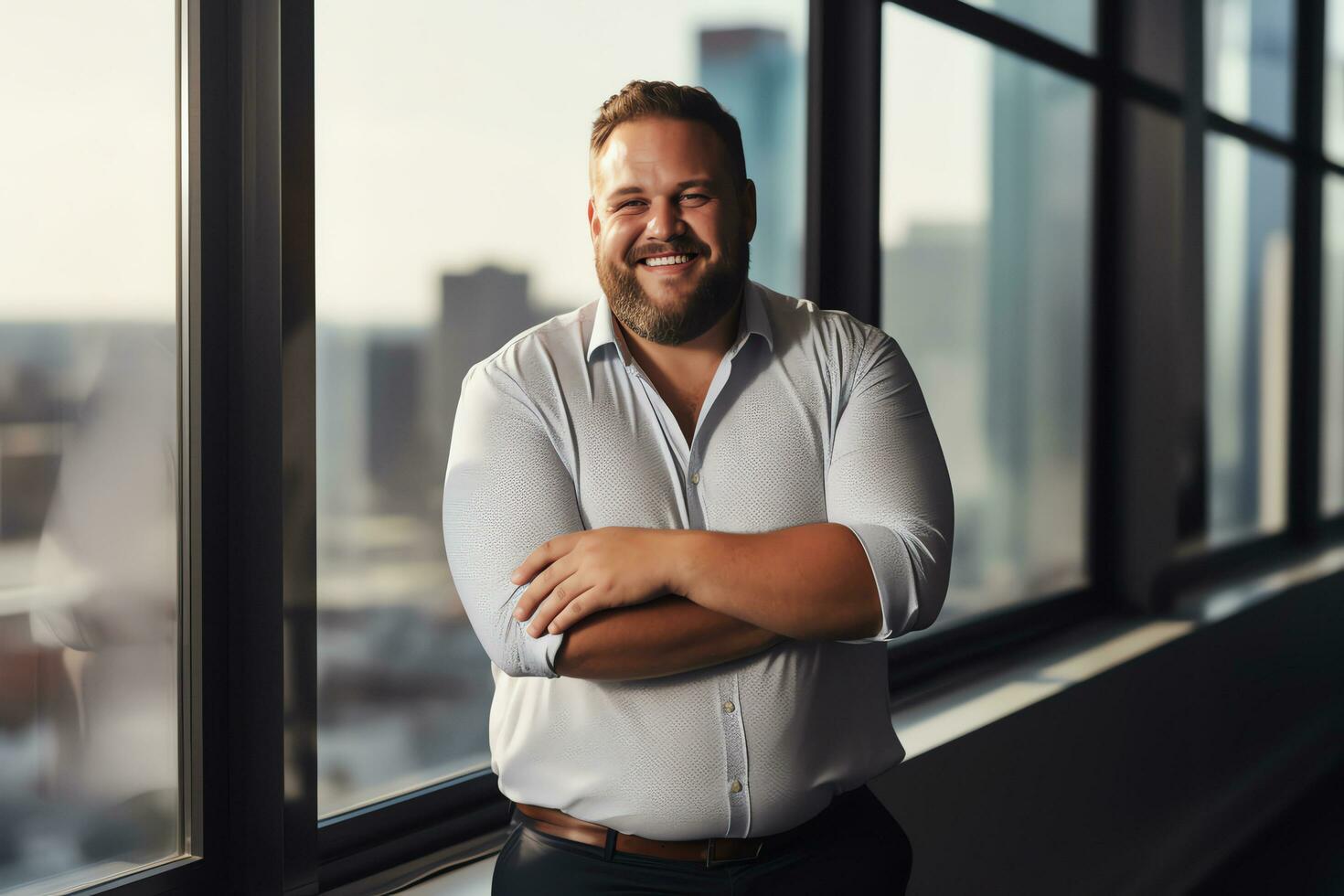 Plus size manager businessman CEO confident and standing front of modern office,AI Generated photo