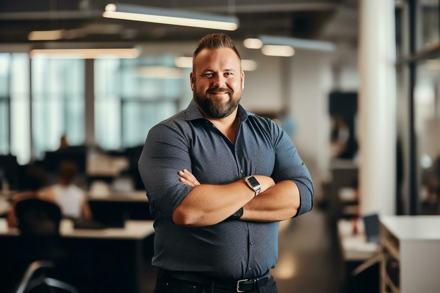 Plus size manager businessman CEO confident and standing front of modern office,AI Generated photo