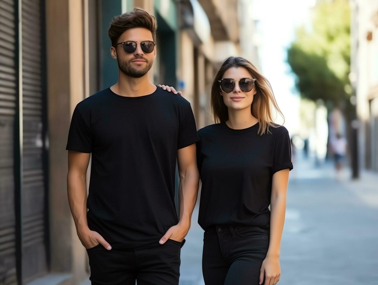 A couple boyfriend and girlfriend wearing blank black matching t-shirts ...