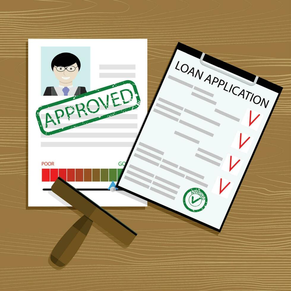 Approved loan application. Financial credit form, mortgage contract document approval, vector illustration