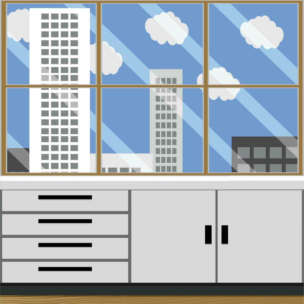 oficina o laboratorio habitación con ventana ciudad paisaje. vacío interior lugar de trabajo, gabinete clínico con mesa y ventana. vector ilustración