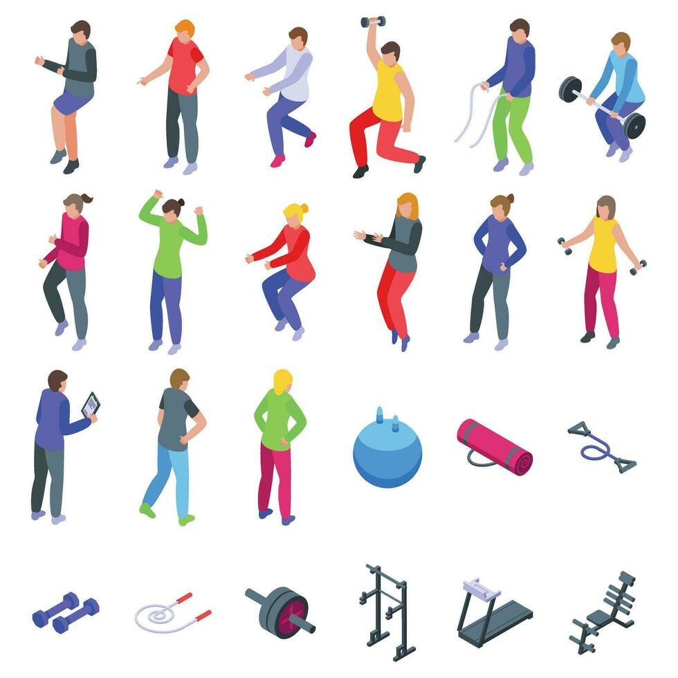 Fitness coaching and training icons set isometric vector. Coach gym sport vector