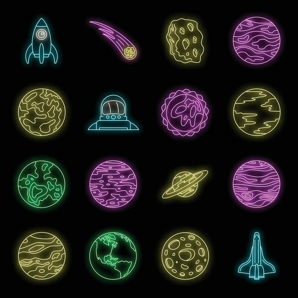 Solar system planets icon set vector neon