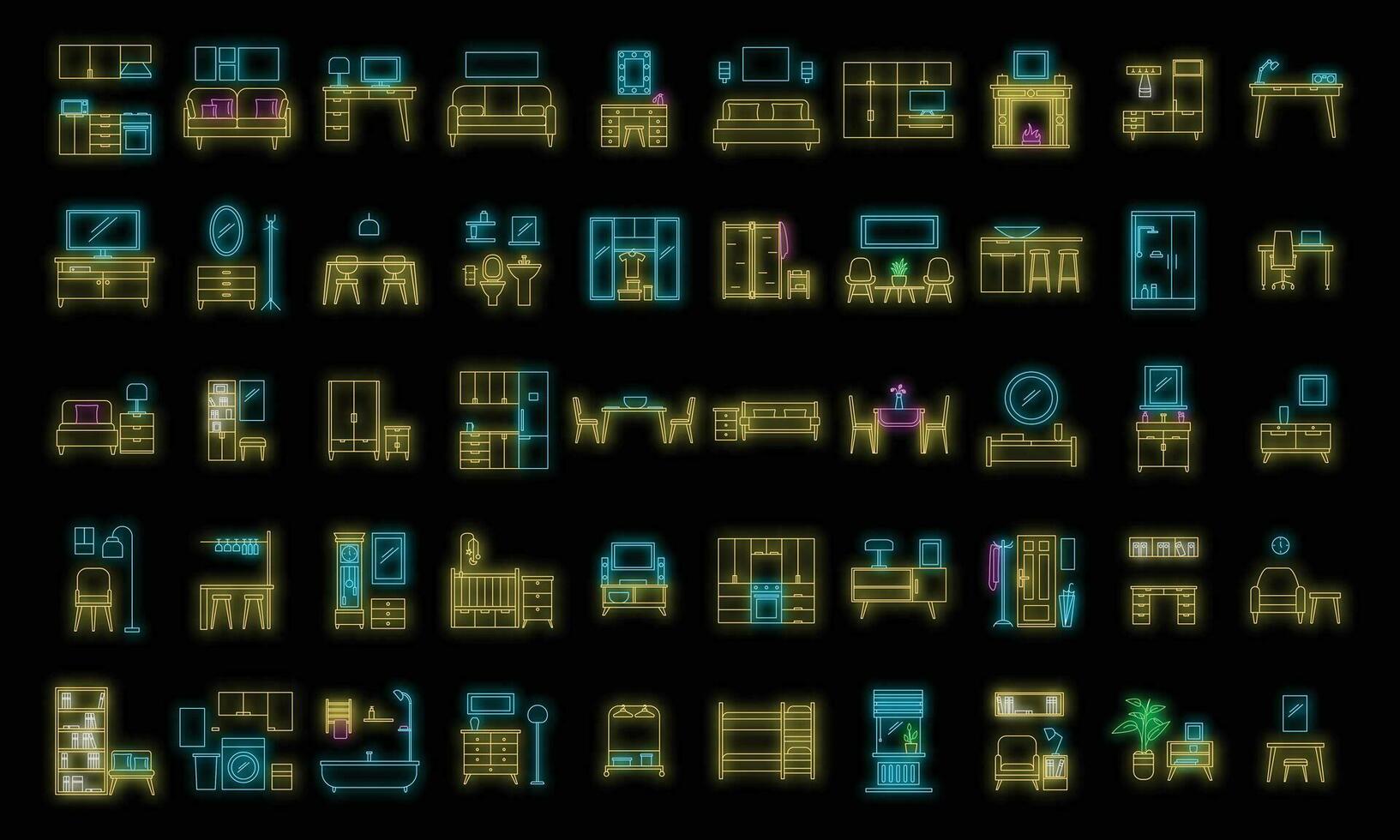 Interior room objects icons set vector neon