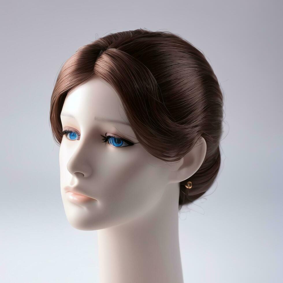 Wig Fake Hair on a Mannequin Simple Background for Mock Up Catalogue Books Magazine Products photo