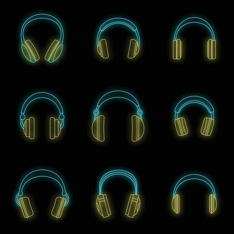Headphones music speakers icons set vector neon