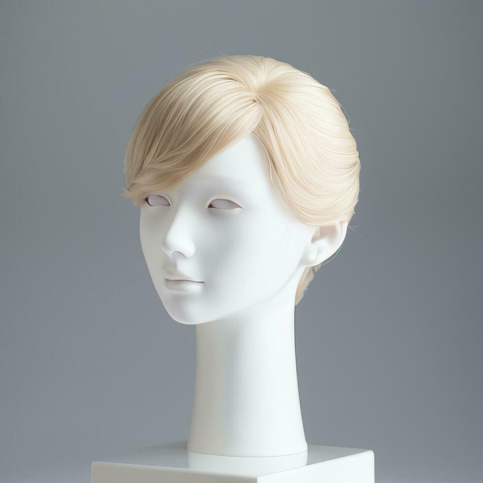 Wig Fake Hair on a Mannequin Simple Background for Mock Up Catalogue Books Magazine Products photo