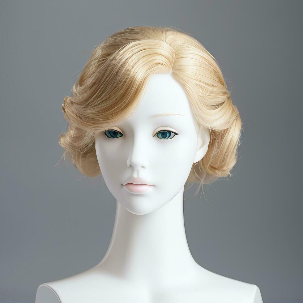 Wig Fake Hair on a Mannequin Simple Background for Mock Up Catalogue Books Magazine Products photo