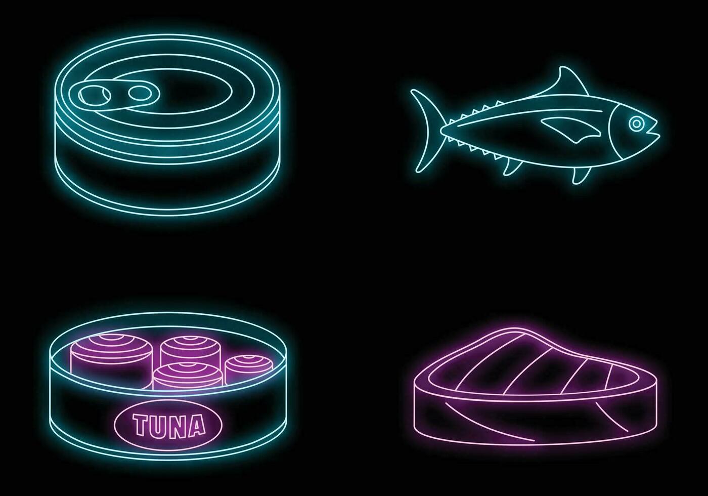 Tuna fish can steak icons set vector neon
