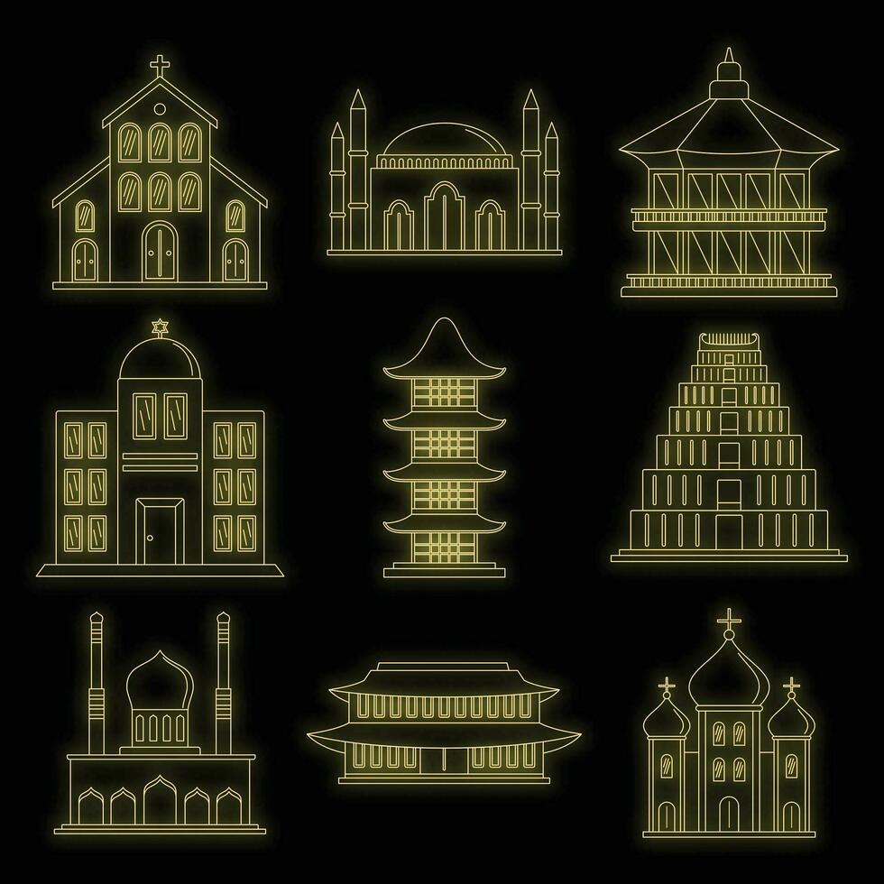 Temple tower castle icons set vector neon