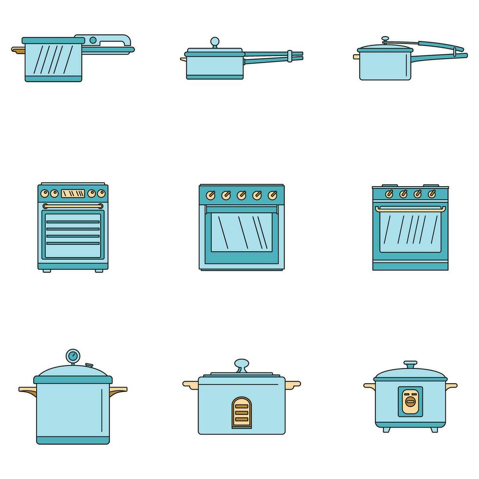 Cooker oven stove pan icons set vector color