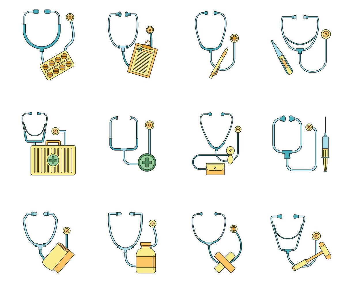 Phonendoscope stethoscope icons set vector color