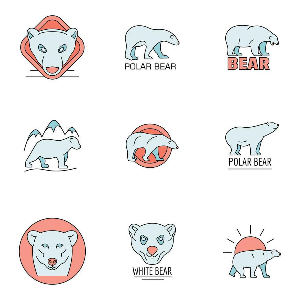 Polar bear baby white icons set vector color