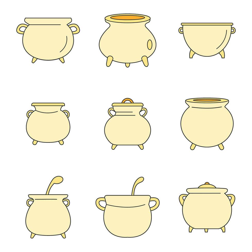 Cauldron kettle halloween icons set vector color