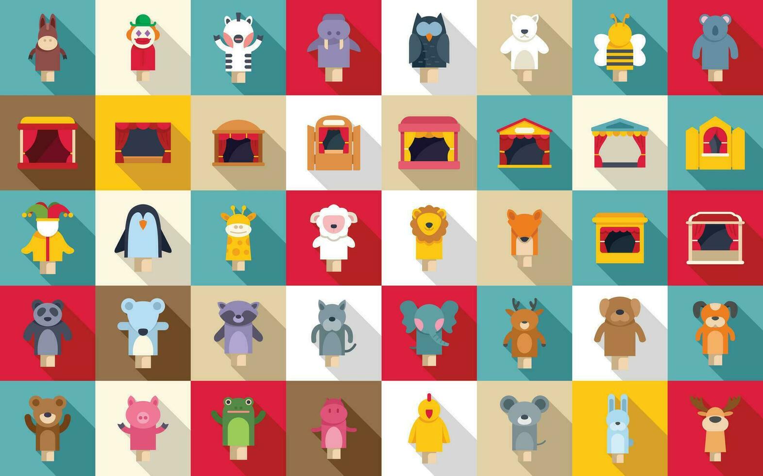 Puppet theater icons set flat vector. Marionette doll kid vector