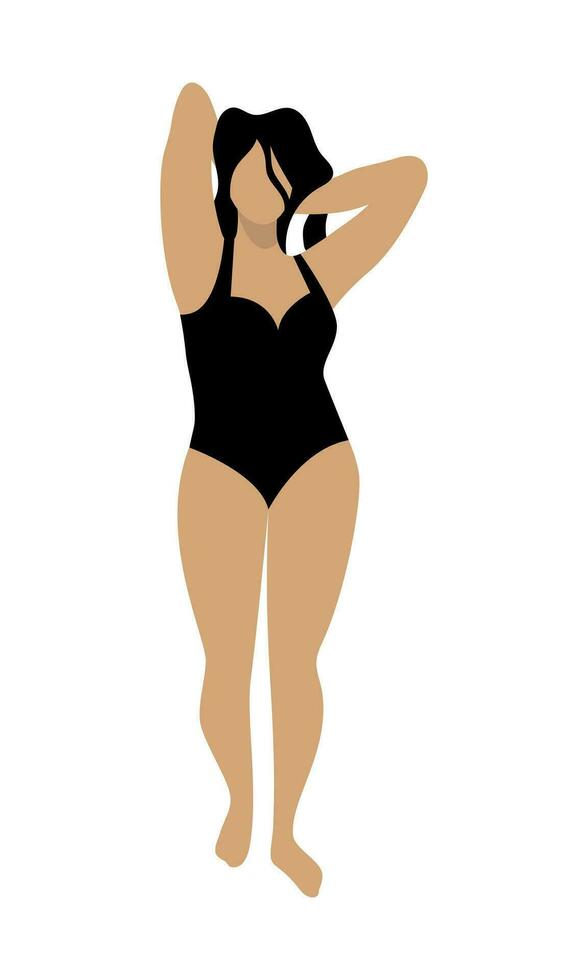 Plus size woman in a black swimsuit. Female curvy character. Positive body concept. Isolated vector illustration