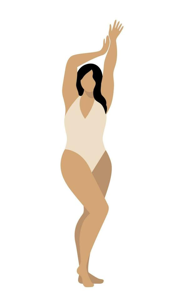 Plus size woman in a swimsuit. Female curvy character. Body positive. Isolated vector illustration
