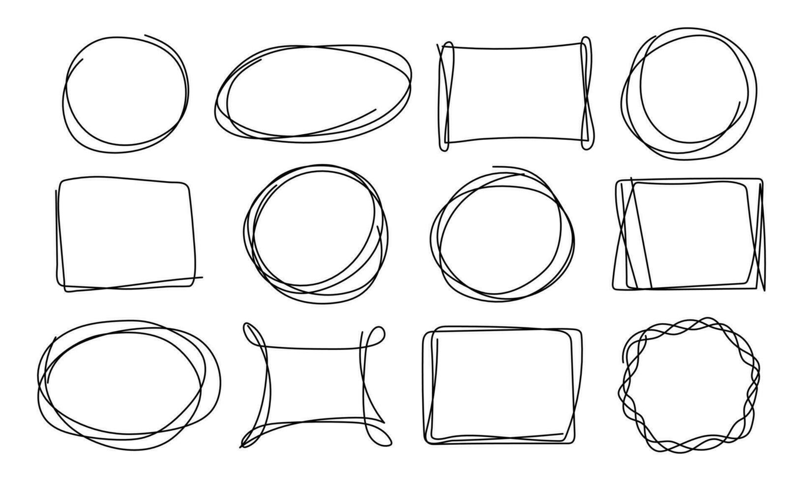 Vector doodles of different shapes. Square, circle, oval, rectangle, frame. Design element